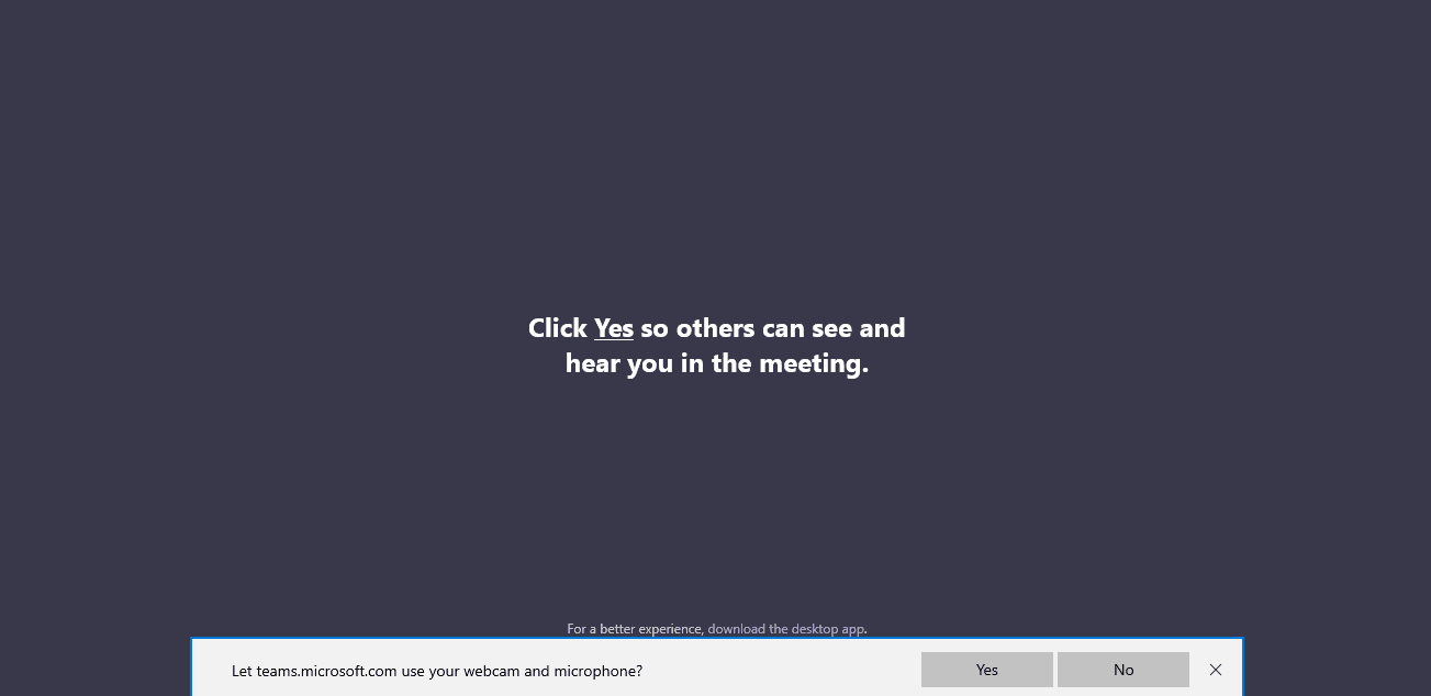 Microsoft Teams meeting interface, with a pop-up bar at the bottom with the allow prompt