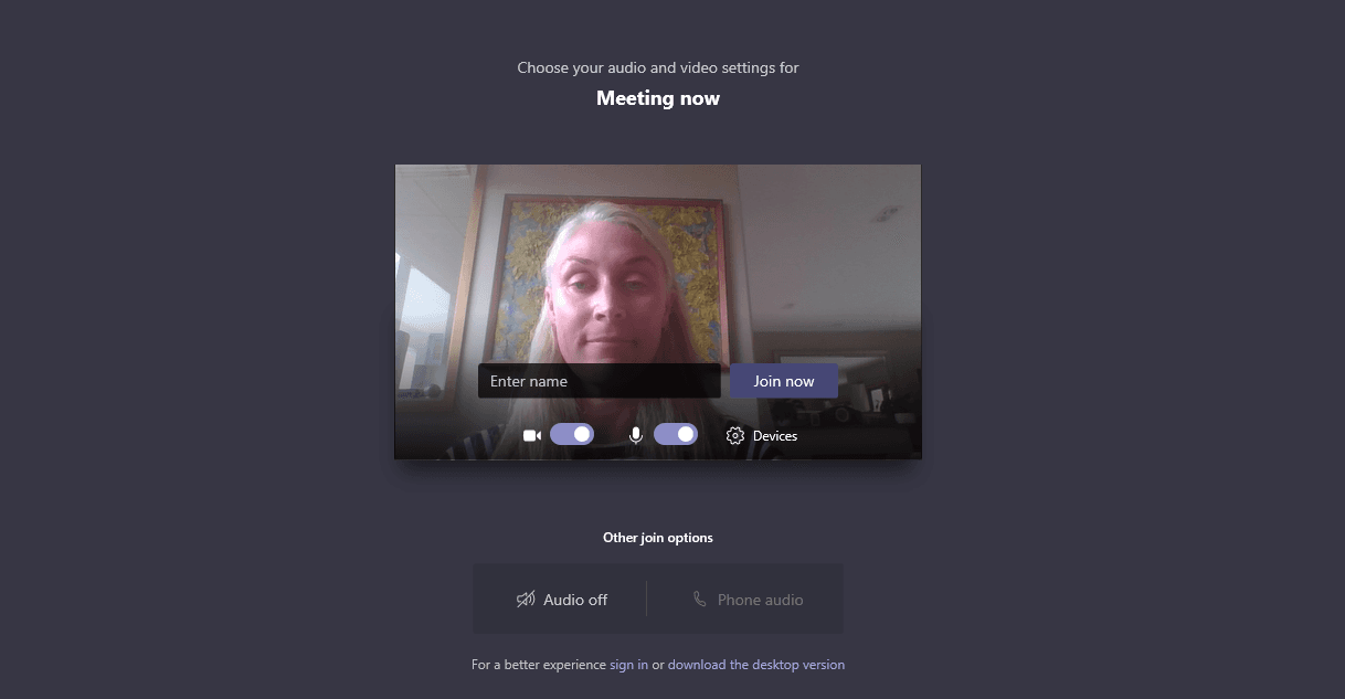 Microsoft meeting interface with video preview, 'Join now' button is visible within the preview, after the 'Enter name' input box