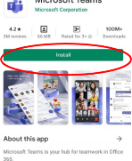 Microsoft Teams app page within the Google Play store, with the 'Install' button circled