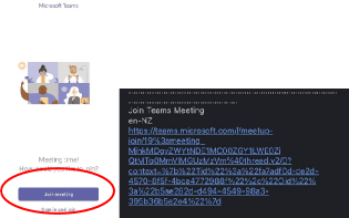 Two screenshots, showing the 'Join meeting' button inside the Teams app, and the join link that is sent through to your email