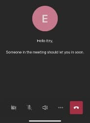 View of the Teams screen whilst waiting for the organiser to let you in, with the text 'Joining, someone in the meeting should let you in soon' visible