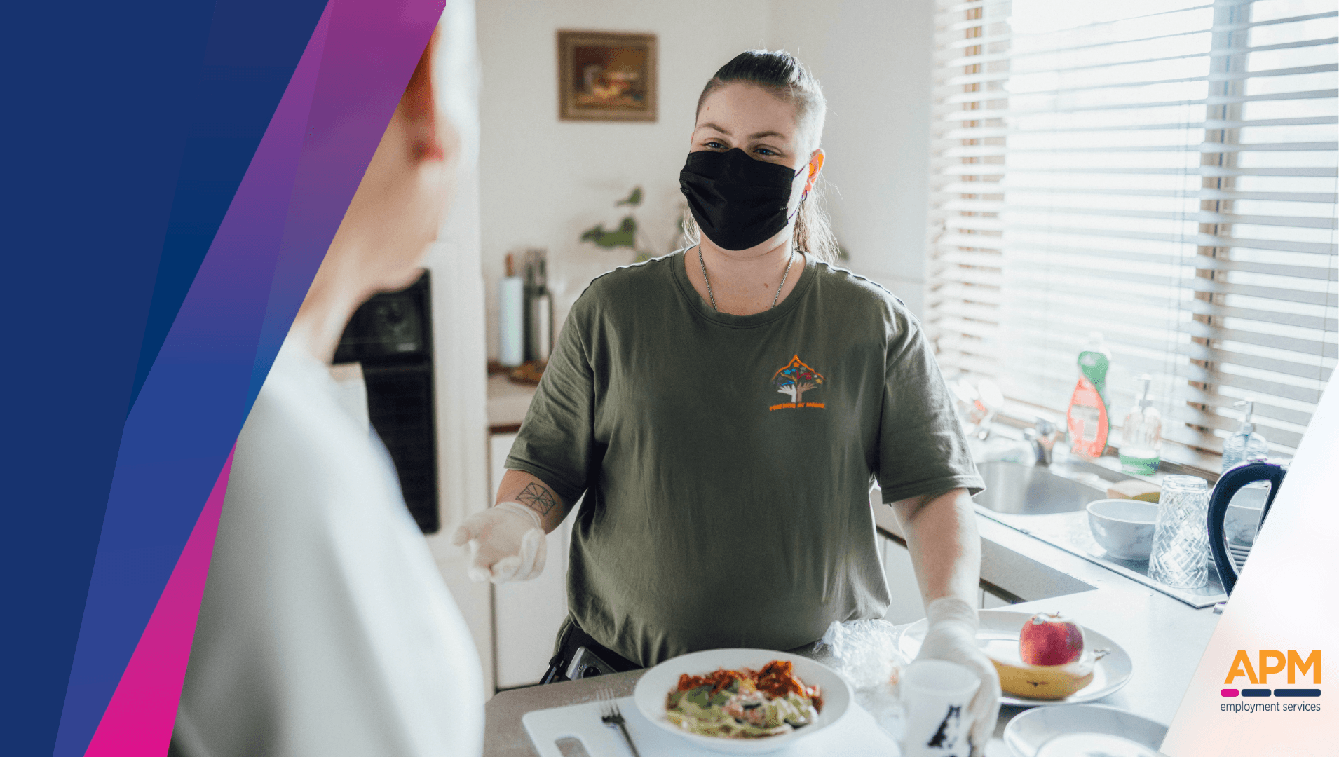 Person wearing gloves and a mask talking about meal prep