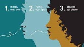 Breathing diagram; 1. inhale, one, two. 2. Purse your lips. 3. Breathe out slowly.